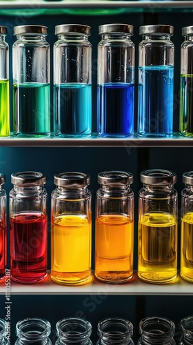 Colorful Glass Bottles with Various Liquids Displayed on Shelves, Featuring Bright Greens, Reds, Yellows, Blues, and Purples in a Laboratory Setting