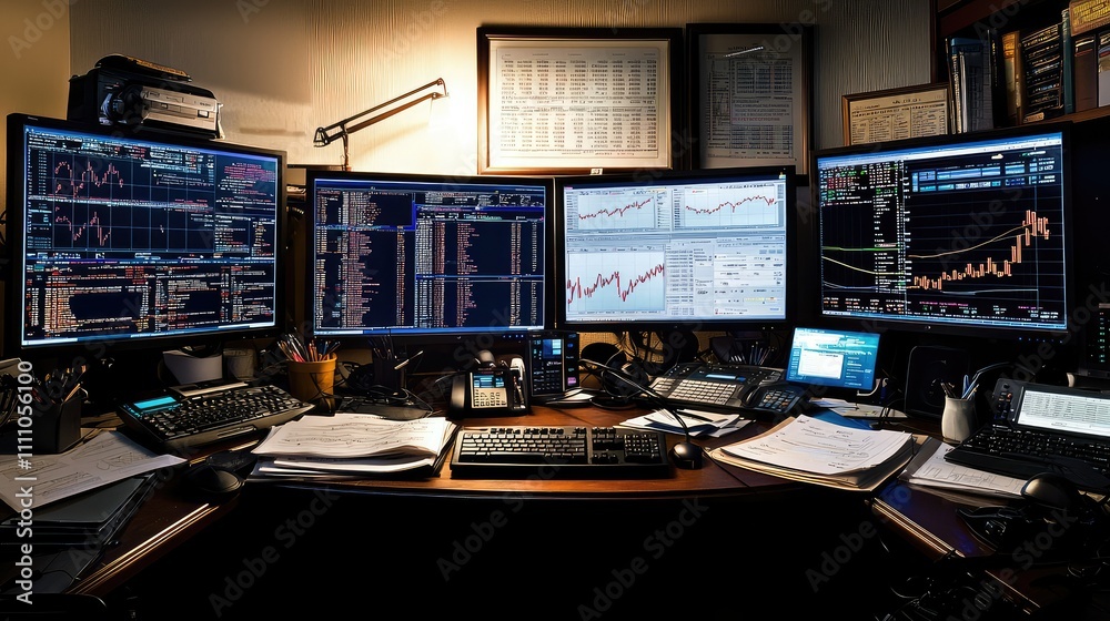 A Busy Trading Desk with Multiple Computer Monitors Displaying Stock Market Data and Financial Graphs in an Office Environment A Busy Trading Desk with Multiple Computer Monitors Displaying Stock Market Data and Financial Graphs in an Office Environment