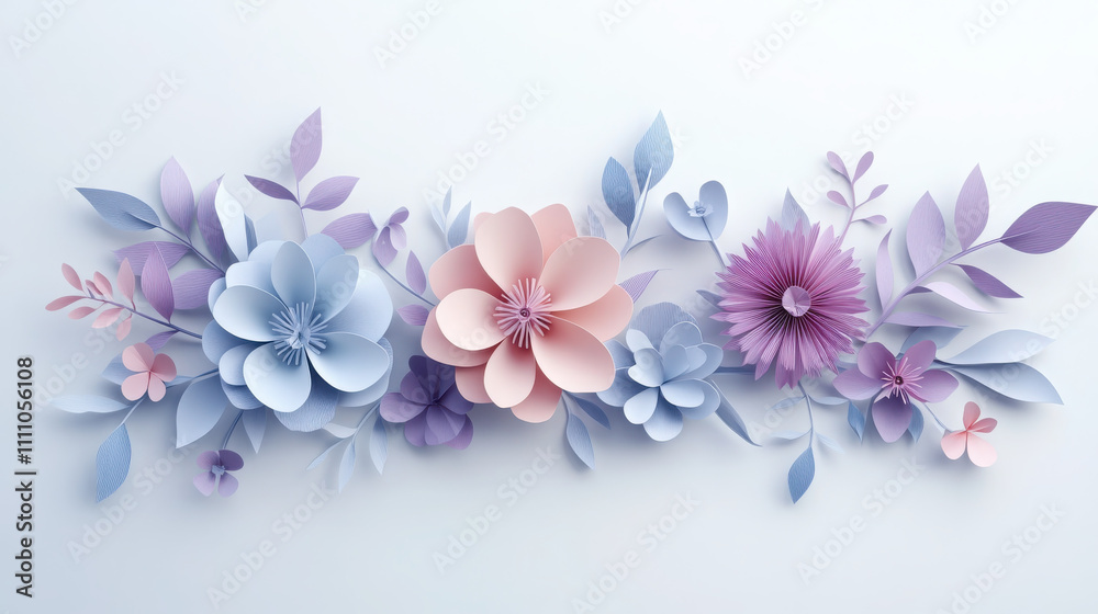 Colorful paper cut flowers create vibrant and artistic display, showcasing various shades of blue, pink, and purple. This beautiful arrangement adds touch of elegance and creativity to any space Colorful paper cut flowers create vibrant and artistic display, showcasing various shades of blue, pink, and purple. This beautiful arrangement adds touch of elegance and creativity to any space