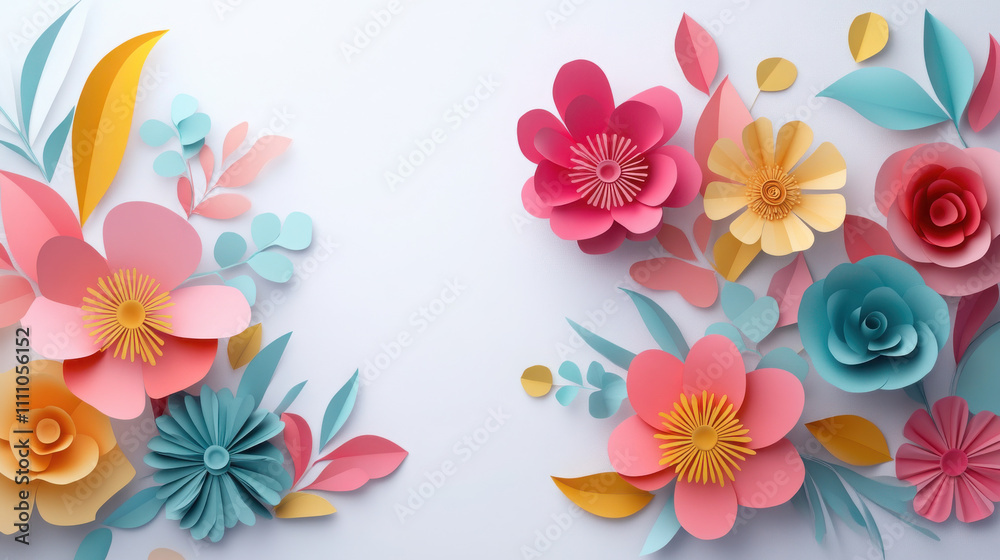 Obraz premium Colorful paper cut flowers create vibrant and cheerful display, showcasing various shapes and hues. This artistic arrangement brings sense of joy and creativity to any space
