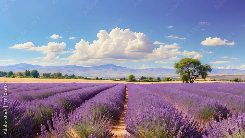 Obraz premium Lavender fields in full bloom with bees buzzing under a clear summer sky