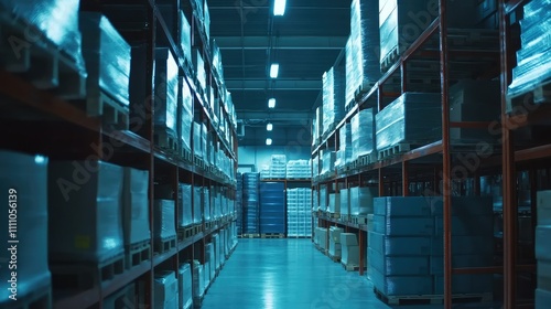Indoor Warehouse Aisle with Pallet Racks Full of Storage Boxes  Bright Ceiling Lights  and a Clear Perspective in a Logistics Facility Setting