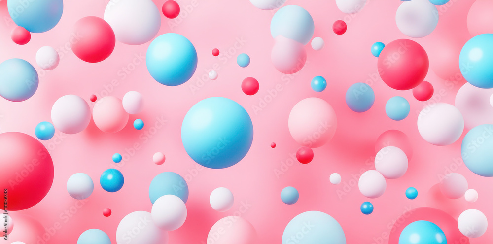 Colorful spheres floating on soft pink background create vibrant and playful atmosphere. mix of red, blue, and white spheres adds sense of joy and whimsy to scene Colorful spheres floating on soft pink background create vibrant and playful atmosphere. mix of red, blue, and white spheres adds sense of joy and whimsy to scene