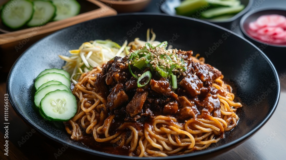 Photo of, A tempting plate of Korean jajangmyeon, noodles in a black bean sauce with diced pork and vegetables