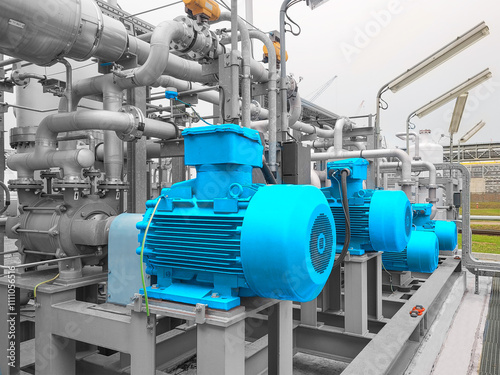 Industrial equipment. Detail of new blue electric motors with pumps on the stainless steel recuperation line. Industrial background. Recuperation pump station in petrochemical technology.