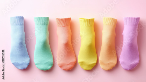 Colorful socks in pastel shades are neatly arranged on a light pink background, showcasing a rainbow spectrum from green to purple. photo