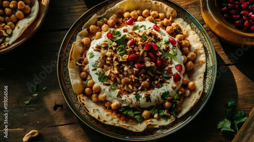 Photo of, A tempting plate of Lebanese fatteh, layers of crispy pita bread photo