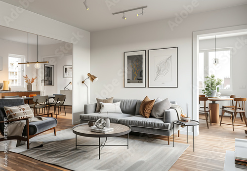 Open concept living and dining area with gray sofa, modern furniture, abstract wall art, and natural light for a warm and cohesive interior design style photo