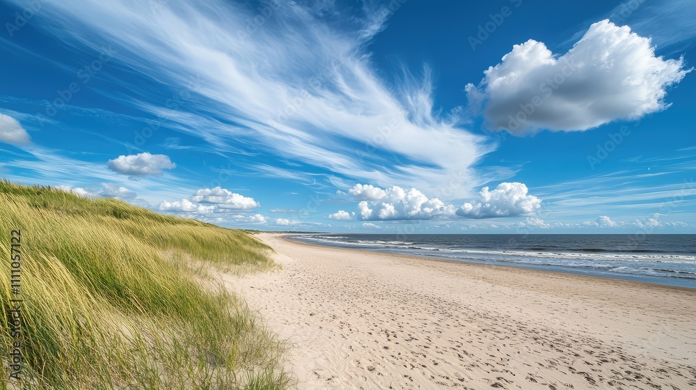 Serene Coastal Landscape Featuring Blue Sky, White Clouds, Tranquil Sand Beach, and Lush Green Dunes Under Bright Sunshine on a Clear Day Serene Coastal Landscape Featuring Blue Sky, White Clouds, Tranquil Sand Beach, and Lush Green Dunes Under Bright Sunshine on a Clear Day