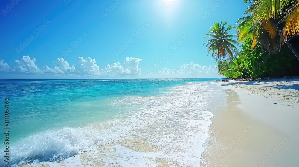 Serene Tropical Beach Scene with Golden Sand, Lush Palm Trees, Clear Sky, and Calm Turquoise Water for Relaxation and Vacation Dreams