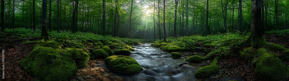 A serene forest scene featuring a gentle stream flowing through lush greenery, with sunlight filtering through the dense tree canopy, creating a tranquil and peaceful atmosphere.
