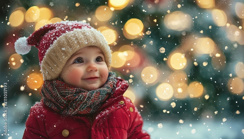 Cheerful Toddler Bundled Up in Scarf and Hat Smiling Amidst Snowflakes and Holiday Lights Cheerful Toddler Bundled Up in Scarf and Hat Smiling Amidst Snowflakes and Holiday Lights