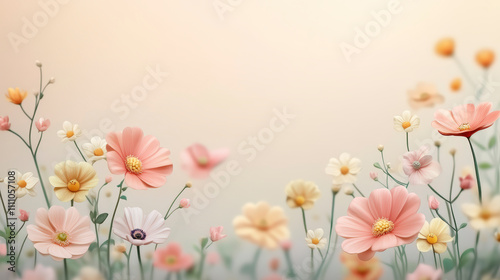 A serene field of pastel flowers and delicate blossoms against a soft gradient background, creating a tranquil and dreamy atmosphere.