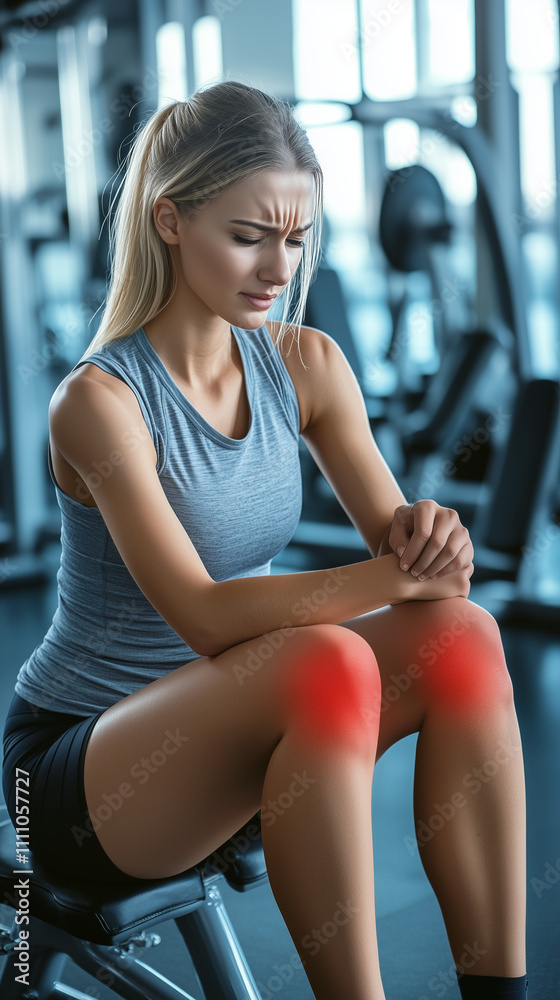 Fototapeta premium Woman in gym holding knee in pain during workout.
