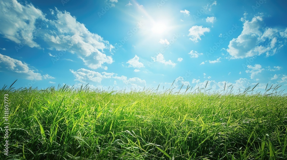 Lush Green Grass Under a Bright Blue Sky with Fluffy Clouds and a Warm Sunlight Creating a Peaceful Nature Landscape Ideal for Outdoor Scenes Lush Green Grass Under a Bright Blue Sky with Fluffy Clouds and a Warm Sunlight Creating a Peaceful Nature Landscape Ideal for Outdoor Scenes