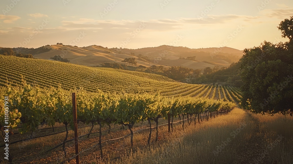 Naklejka premium Serene Golden Hour in Vineyard Landscape with Rows of Lush Green Grapevines and Rolling Hills Under a Soft Sunset Sky