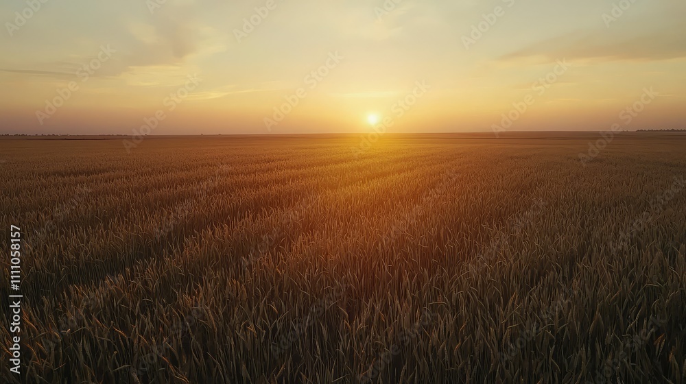 Serene Sunset Over Golden Wheat Field with Soft Blue Sky and Warm Light Casting Long Shadows on Flowing Grain Awaiting Harvest