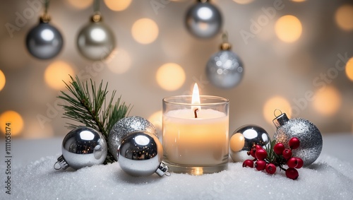 A festive holiday scene featuring a lit tealight candle, silver glittery ornaments, red berries, and a cozy atmosphere with bokeh lights.
 photo