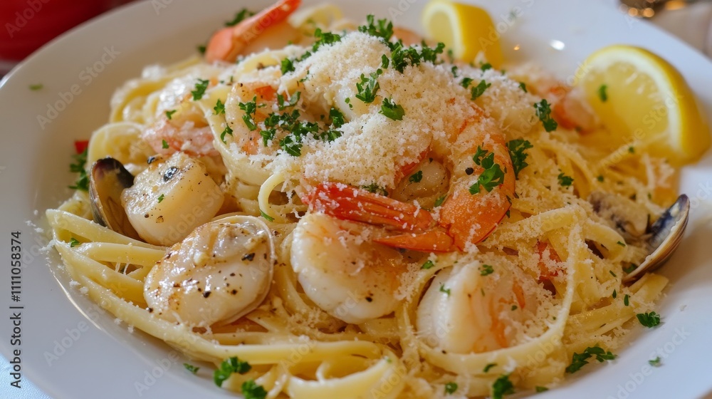 Photo of, A tempting plate of seafood linguine tossed with shrimp, scallops Photo of, A tempting plate of seafood linguine tossed with shrimp, scallops