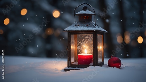 Red Lantern with Snow, Berries, and Glass Horse Figurine
 photo