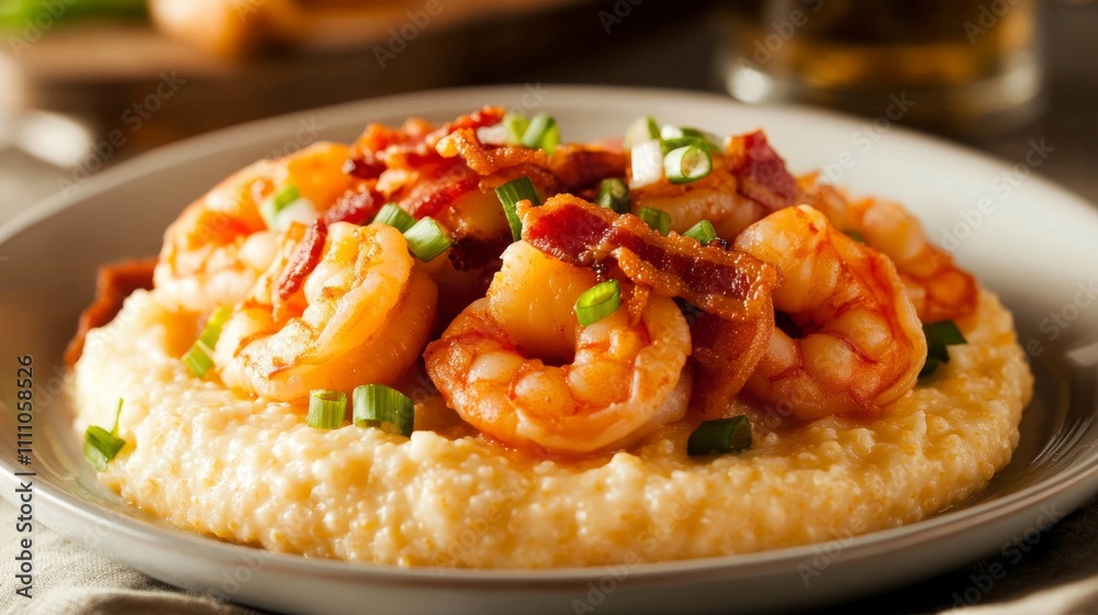 Photo of, A tempting plate of shrimp and grits with sautéed shrimp, creamy cheddar grits Photo of, A tempting plate of shrimp and grits with sautéed shrimp, creamy cheddar grits