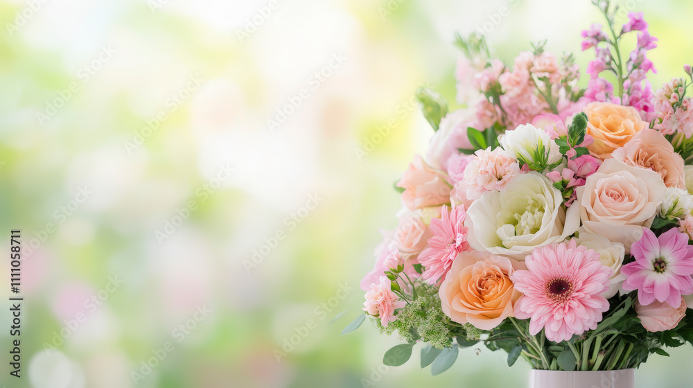 A delicate bouquet of pastel flowers, featuring roses and daisies, set against a softly blurred, light-filled background, evoking springtime elegance and charm. A delicate bouquet of pastel flowers, featuring roses and daisies, set against a softly blurred, light-filled background, evoking springtime elegance and charm.