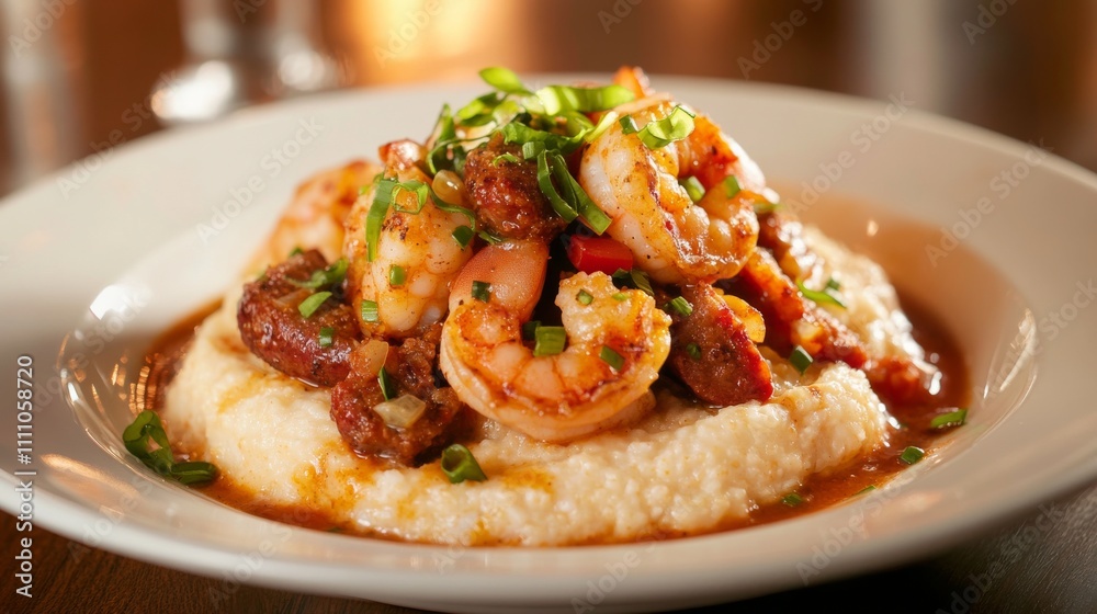 Photo of, A tempting plate of shrimp and grits with spicy Cajun seasoning, served with creamy cheddar grits and Andouille sausage Photo of, A tempting plate of shrimp and grits with spicy Cajun seasoning, served with creamy cheddar grits and Andouille sausage