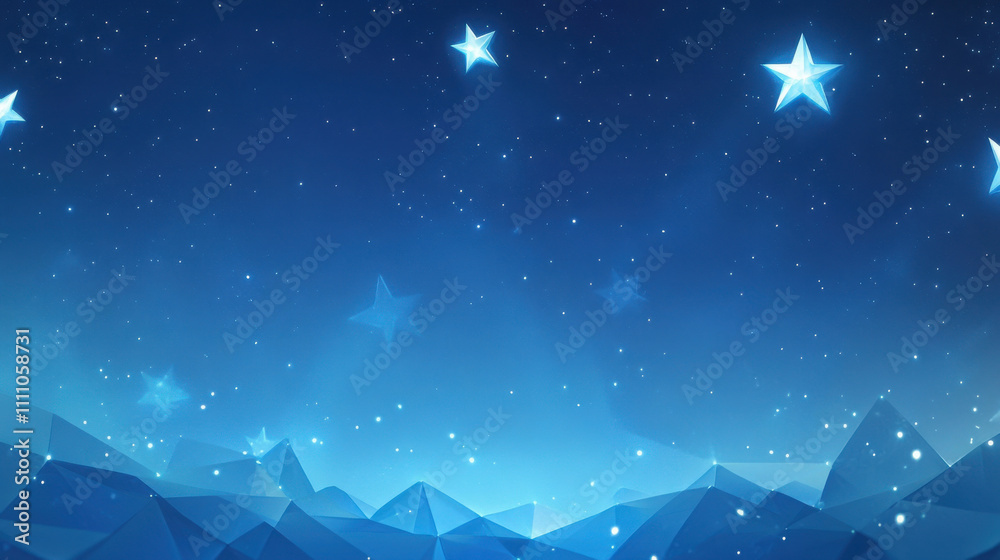 Obraz premium serene abstract blue background featuring low poly shapes and twinkling stars creates calming atmosphere. blend of colors and geometric forms evokes sense of tranquility and wonder