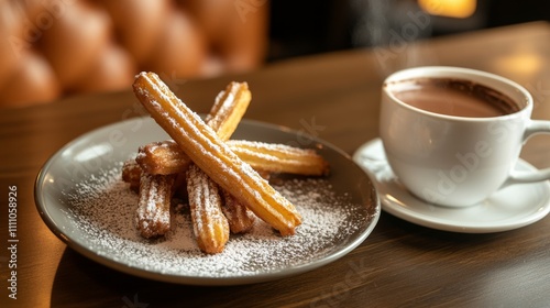 Photo of, A tempting plate of Spanish churros served with thick hot chocolate for dipping, Churros plate centered