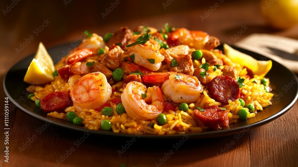 Photo of, A tempting plate of Spanish paella with saffron-infused rice, chorizo