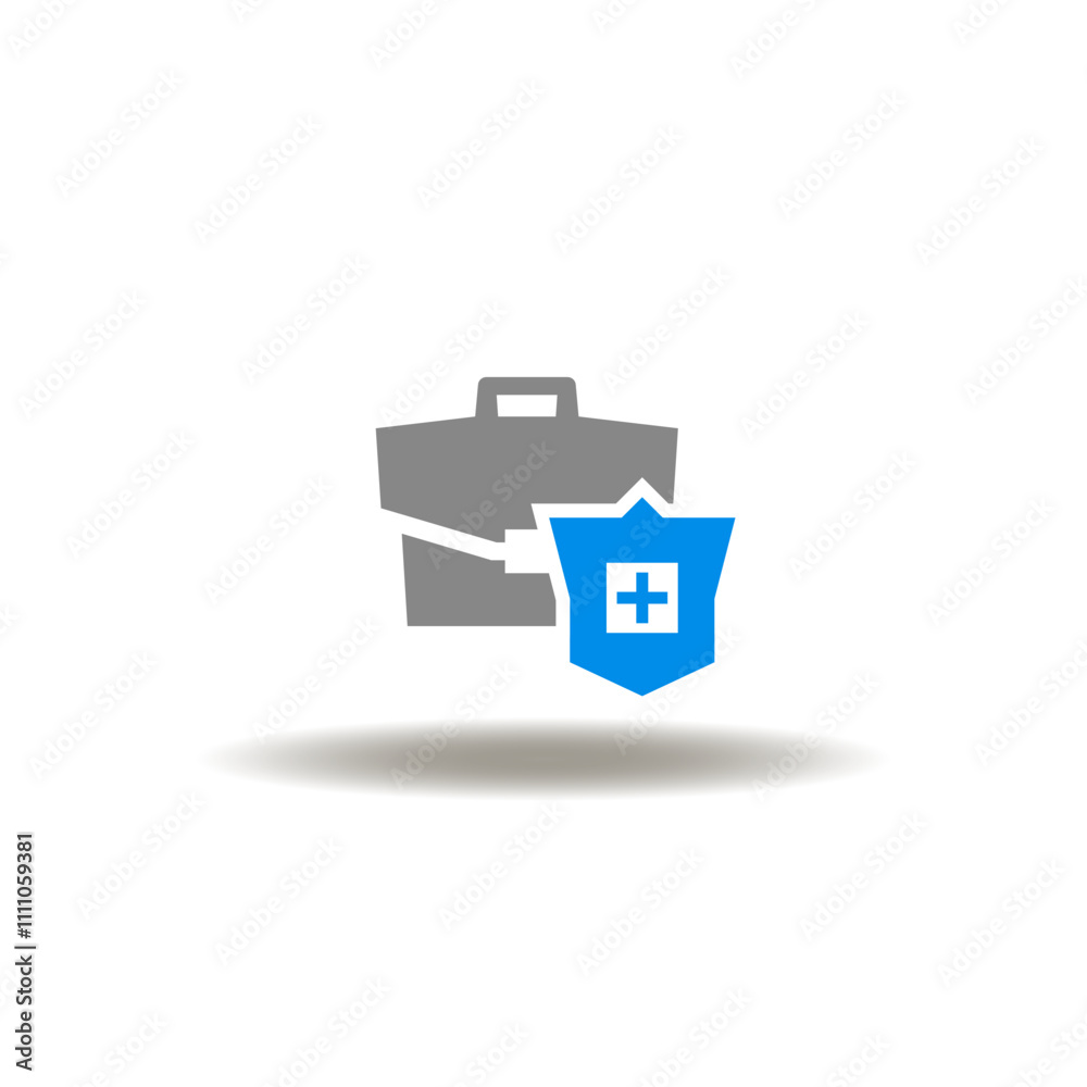 Vector illustration of briefcase or medical kit and shield with cross. Symbol of health care insurance. Vector illustration of briefcase or medical kit and shield with cross. Symbol of health care insurance.