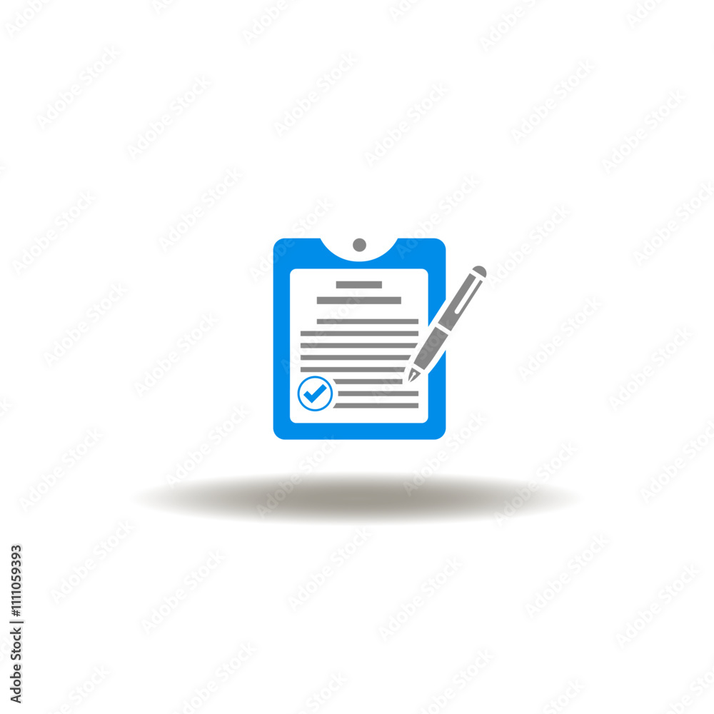 Vector illustration of clipboard and document with checkmark and pen. Symbol of execute. Icon of compliance. Sign of execution. Vector illustration of clipboard and document with checkmark and pen. Symbol of execute. Icon of compliance. Sign of execution.