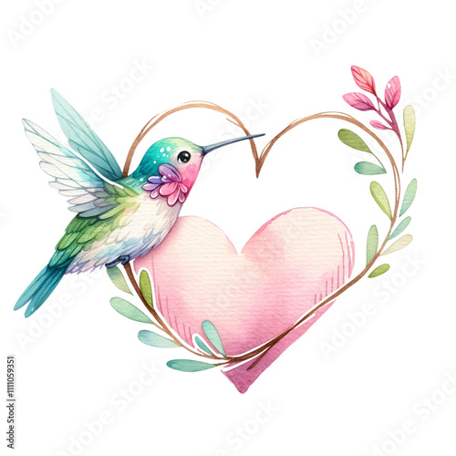 Colorful Hummingbird and Heart with Floral Accents Illustration