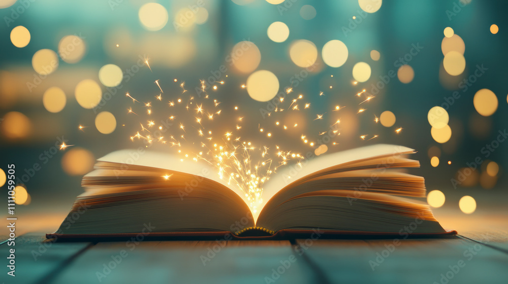An open book emits a magical aura, surrounded by glowing lights, creating an enchanting and whimsical atmosphere of wonder and imagination. An open book emits a magical aura, surrounded by glowing lights, creating an enchanting and whimsical atmosphere of wonder and imagination.