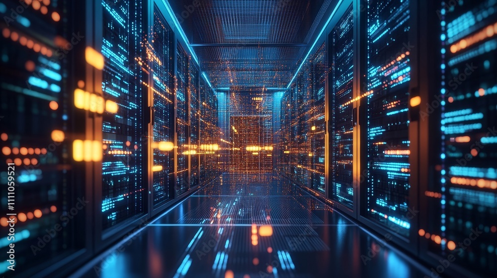 A futuristic data center corridor illuminated with vibrant light and server racks. A futuristic data center corridor illuminated with vibrant light and server racks.
