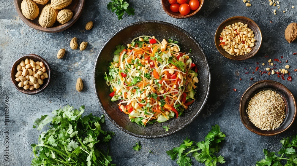 Fresh and Colorful Vegetable Salad with Nuts, Seeds, and Herbs on Dark Stone Background, Perfect for Healthy Eating and Nutrition Inspiration