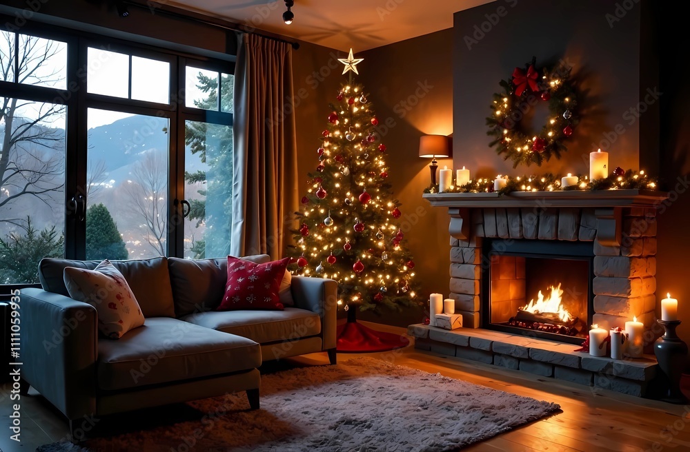 Obraz premium Christmas tree in the living room with cozy plaids on the sofa or sofa, decorative pillows, fireplace and cozy atmosphere
