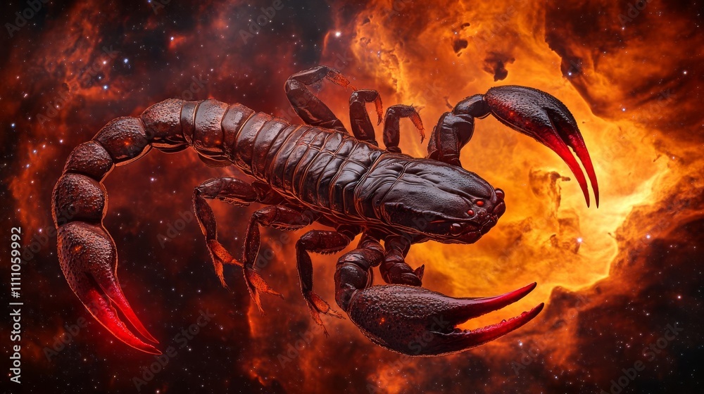 Fierce scorpion with glowing red stingers, poised against a fiery nebula, Scorpio zodiac scorpion, intense zodiac energy Fierce scorpion with glowing red stingers, poised against a fiery nebula, Scorpio zodiac scorpion, intense zodiac energy