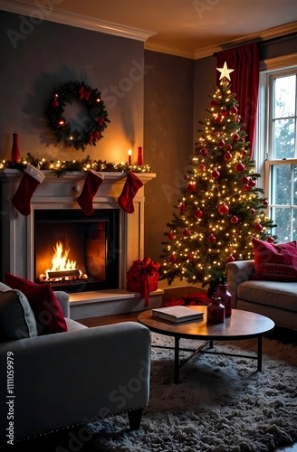 Christmas tree in the living room with cozy plaids on the sofa or sofa, decorative pillows, fireplace and cozy atmosphere