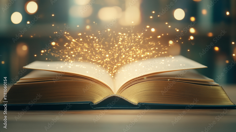 An open book emits glowing, magical sparks, symbolizing the enchanting power of stories and imagination against a softly blurred, illuminated background. An open book emits glowing, magical sparks, symbolizing the enchanting power of stories and imagination against a softly blurred, illuminated background.