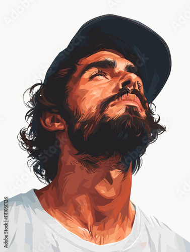 Man with a beard and a hat is looking up at the sky. The image has a casual and relaxed mood, as the man is enjoying the moment