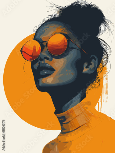 Woman with sunglasses on her face is wearing a yellow shirt. The sunglasses are orange and the shirt is orange. The woman has a serious look on her face