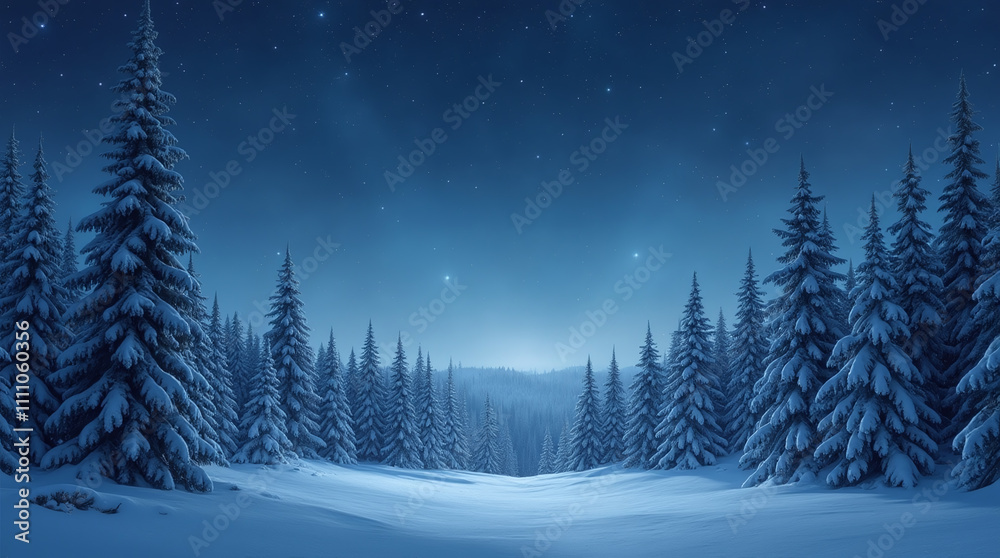 Snowy Winter Night Landscape of Forest Trees in Snow and Starry Night Snowy Winter Night Landscape of Forest Trees in Snow and Starry Night