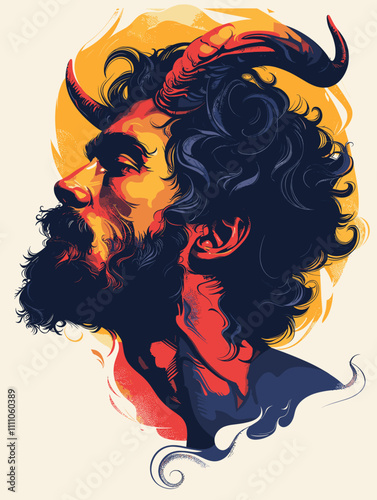 Man with a beard and horns on his head. The horns are red and black. The man's face is painted in a way that makes him look like a demon