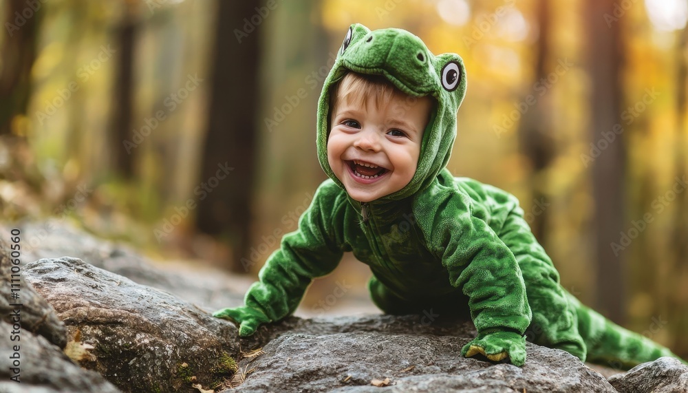 Joyful Child in Lizard Costume Crawling on Rocks in Autumn Forest Setting Joyful Child in Lizard Costume Crawling on Rocks in Autumn Forest Setting