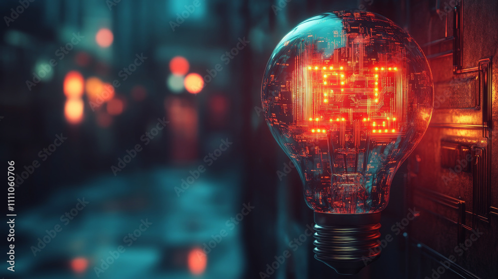A futuristic glowing light bulb with intricate digital circuitry design, symbolizing innovation and modern technology in a virtual classroom setting. A futuristic glowing light bulb with intricate digital circuitry design, symbolizing innovation and modern technology in a virtual classroom setting.