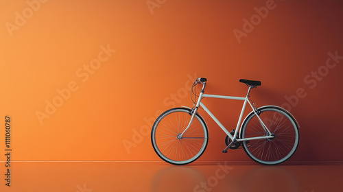 Minimalistic White Bicycle Leaning Against Vibrant Orange Wall in Contemporary Style Setting for Modern Lifestyle and Urban Transportation Concepts photo