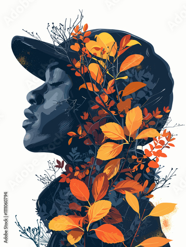 Woman's face is shown in a painting with leaves and flowers surrounding her. The painting has a mood of warmth and beauty, with the leaves and flowers representing the changing of the seasons