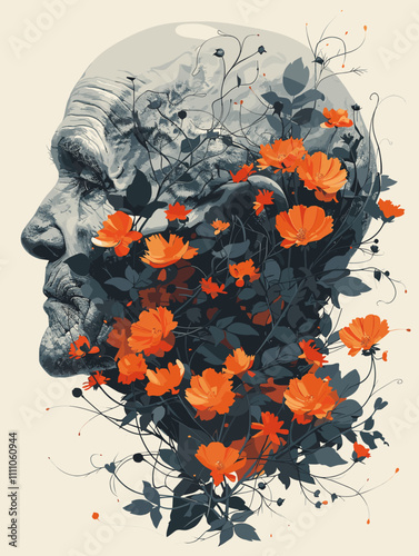 Man's face is covered in flowers, with the flowers being orange. The image has a surreal and dreamlike quality to it, with the flowers appearing to be growing out of the man's face