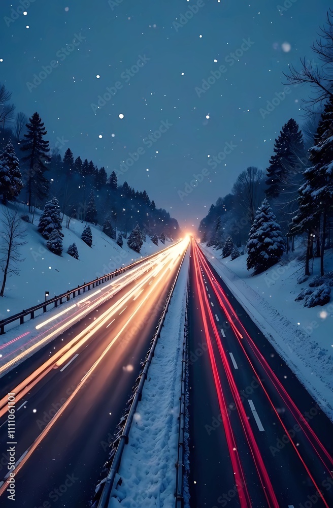 Snowy highway with light trails from cars, falling snow and winter landscape